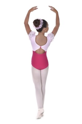Girls bicoloured puff sleeved leotard pinched key hole